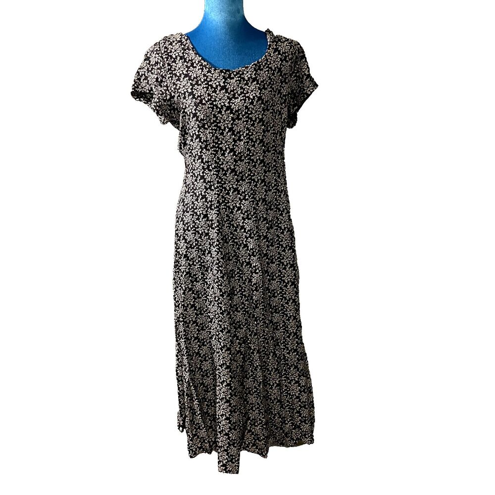 Vintage E.D. Michaels Dress Womens 12 Black Floral Rayon Maxi Short Sleeve USA